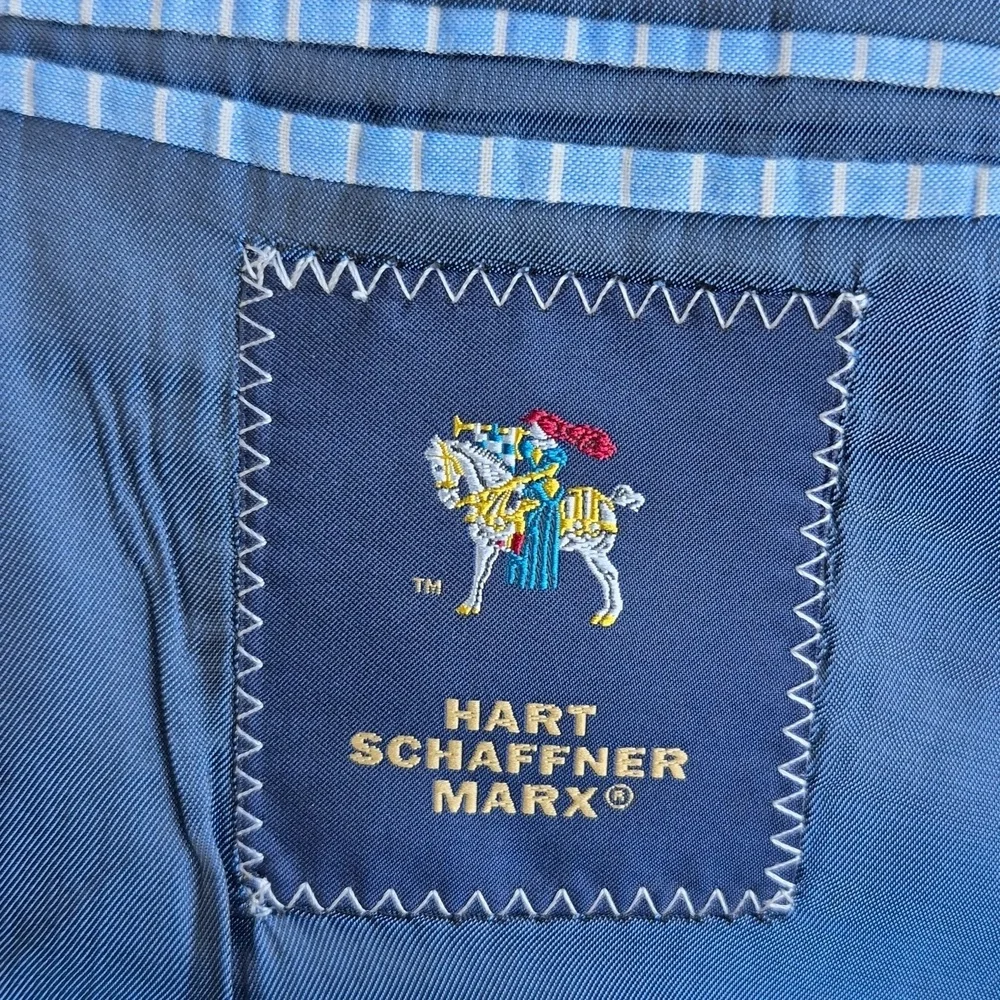 HART SCHAFFNER MARX Black Blue Silver Plaid Weave Wool Sz 44 L Mens‎ Sport Coat